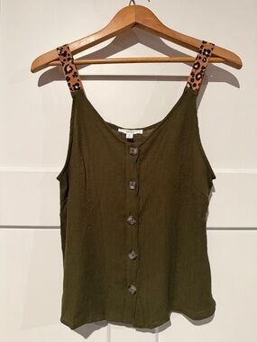 mine Olive Green Button-Front Cami with Leopard Print Straps Size Small